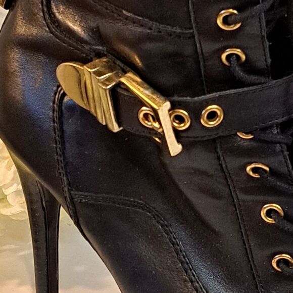 Guess Bieninda Black Leather Peep Toe High Heel Boots Buckle Details 7.5 M - Picture 7 of 15